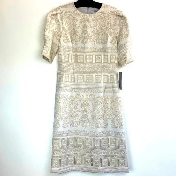 Teri Jon Rickie Freeman Midi Dress 4 Metallic Embroidered Puff Sleeve Event Gala